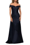 La Femme Off The Shoulder Satin Evening Dress With Pleating In Navy