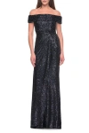 La Femme Off The Shoulder Sequin Gown With Ruching In Navy