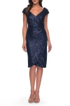 La Femme Off The Shoulder Sequin Short Evening Dress With Ruching In Navy