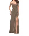La Femme Off The Shoulder Sparkling Jersey Dress In Silver/gold In Silver