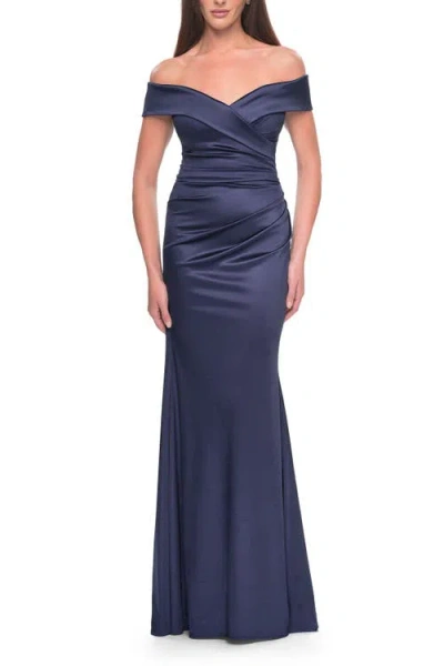 La Femme Off The Shoulder Stretch Satin Evening Dress