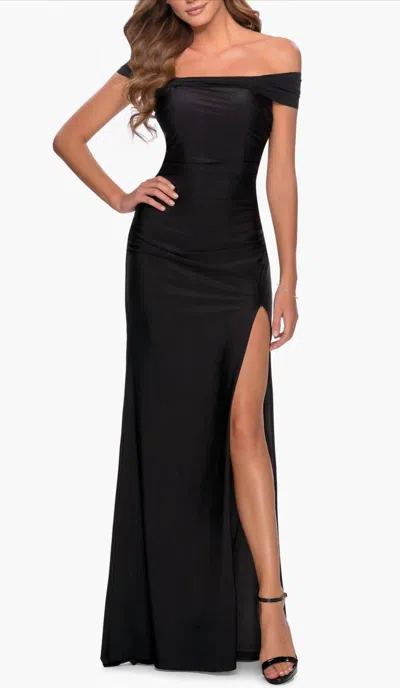 La Femme Off The Shoulder Tie Back And Slit Open Back Prom Dress In Black