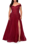 La Femme Off The Shoulder Tulle Plus Size Gown With Lace In Burgundy
