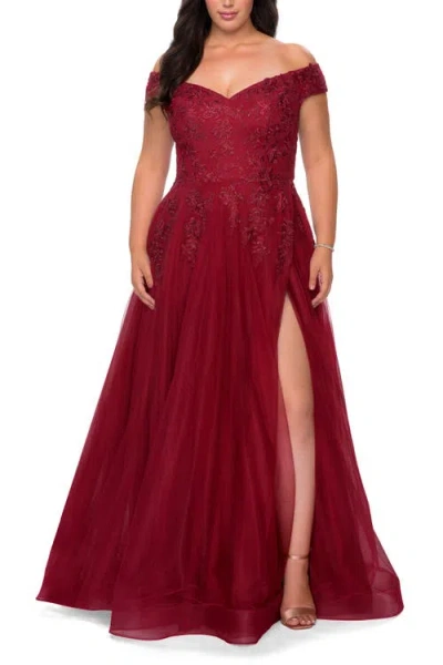 La Femme Off The Shoulder Tulle Plus Size Gown With Lace In Burgundy