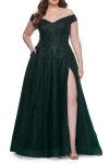 La Femme Off The Shoulder Tulle Plus Size Gown With Lace In Dark Emerald