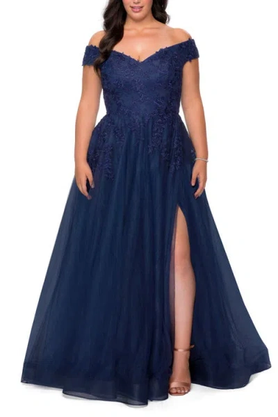 La Femme Off The Shoulder Tulle Plus Size Gown With Lace In Navy