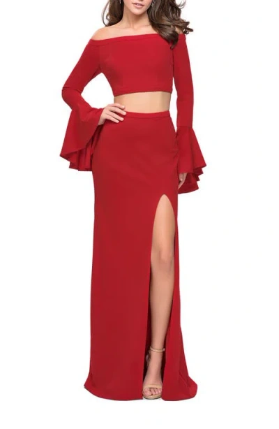 La Femme Off The Shoulder Two Piece Dress With Flared Sleeves In Red