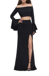 La Femme Off The Shoulder Two Piece Dress With Flared Sleeves In Black