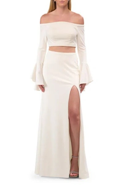 La Femme Off The Shoulder Two Piece Dress With Flared Sleeves In White