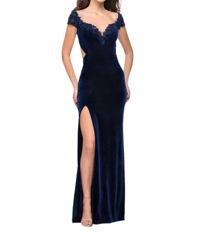 La Femme Off The Shoulder Velvet Long Dress In Navy In Blue