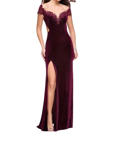 La Femme Off The Shoulder Velvet Long Dress In Wine In Pink