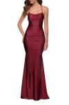 La Femme On Trend Jersey Long Dress With Ruching On Bodice In Burgundy