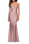 La Femme On Trend Jersey Long Dress With Ruching On Bodice In Mauve