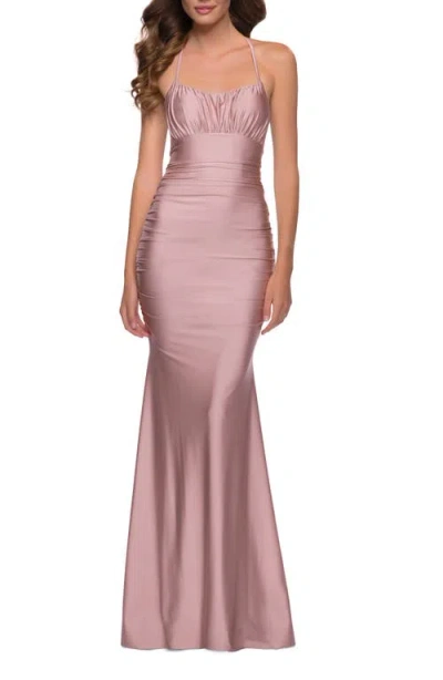 La Femme On Trend Jersey Long Dress With Ruching On Bodice In Mauve
