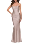 La Femme On Trend Jersey Long Dress With Ruching On Bodice In Nude