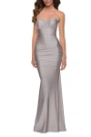 La Femme On Trend Jersey Long Dress With Ruching On Bodice In Silver