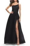 La Femme One Shoulder A-line Tulle Gown With Sheer Bodice