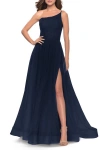 La Femme One Shoulder A-line Tulle Gown With Sheer Bodice