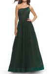 La Femme One Shoulder A-line Tulle Gown With Sheer Bodice