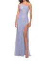 La Femme Beaded Lace One Shoulder Dress With Unique Lace Up Back In Purple