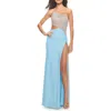 La Femme One Shoulder Dress With Side Cut Out And Rhinestone Bodice In Cloud Blue