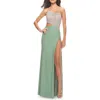 La Femme One Shoulder Dress With Side Cut Out And Rhinestone Bodice In Sage