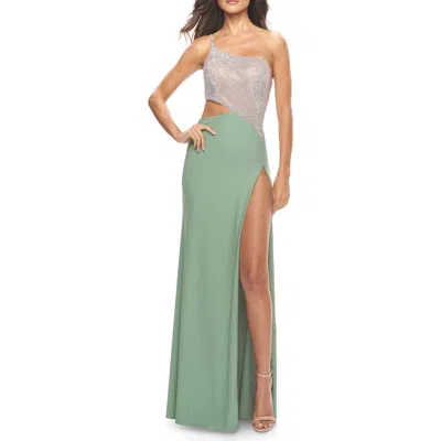 La Femme One Shoulder Dress With Side Cut Out And Rhinestone Bodice In Sage