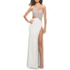 La Femme One Shoulder Dress With Side Cut Out And Rhinestone Bodice In White