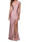 La Femme One Shoulder High Slit Gown In Mauve
