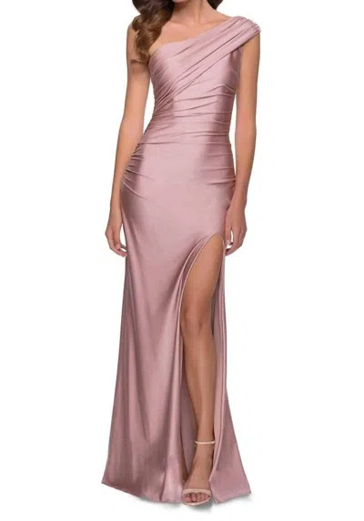 La Femme One Shoulder High Slit Gown In Mauve