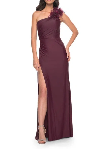 La Femme One Shoulder Jersey Gown With Feather Detail In Dark Wine