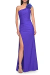 La Femme One Shoulder Jersey Gown With Feather Detail In Royal Blue