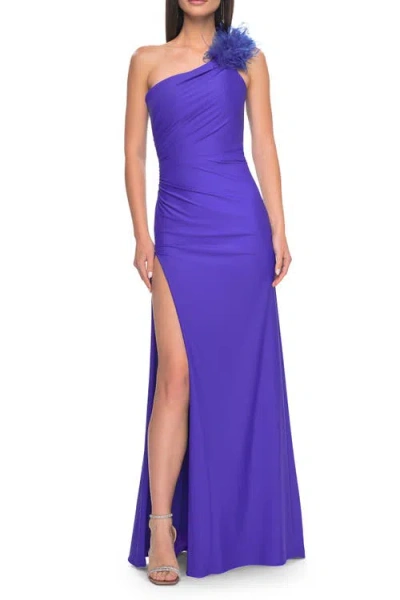 La Femme One Shoulder Jersey Gown With Feather Detail In Royal Blue