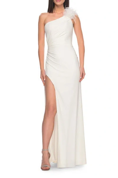 La Femme One Shoulder Jersey Gown With Feather Detail In White