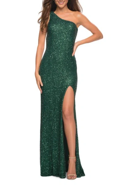 La Femme One Shoulder Luxurious Soft Sequin Dress With Slit In Emerald