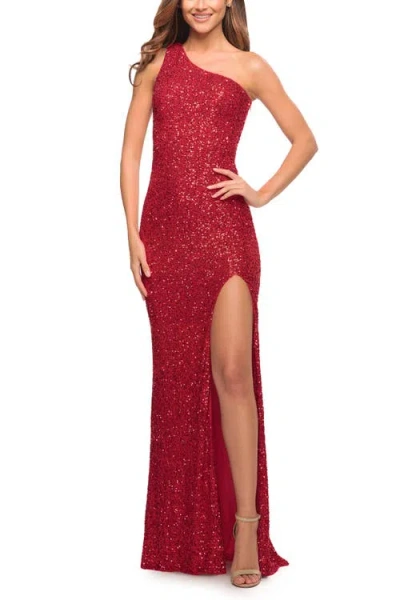 La Femme One Shoulder Luxurious Soft Sequin Dress With Slit In Red