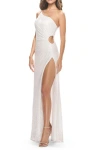 La Femme One Shoulder Sequin Dress With Circle Cut Out In White