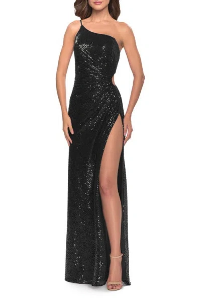 La Femme One Shoulder Sequin Dress With Circle Cut Out