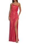 La Femme One Shoulder Sequin Dress With Circle Cut Out In Hot Coral