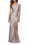La Femme One Shoulder Shiny Ruched Jersey Dress With Slit