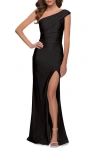 La Femme One Shoulder Shiny Ruched Jersey Dress With Slit In Black