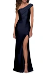 La Femme One Shoulder Shiny Ruched Jersey Dress With Slit In Navy