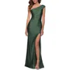 La Femme One Shoulder Shiny Ruched Jersey Gown In Emerald
