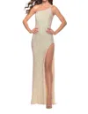 La Femme One Shoulder Soft Stretch Dress In Champagne In Metallic