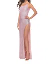 La Femme One Shoulder Soft Stretch Sequin Prom Dress In Light Pink In Pink