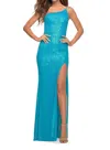 La Femme One Shoulder Stretch Sequin Gown In Aqua