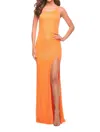 La Femme One Shoulder Stretch Sequin Gown In Orange