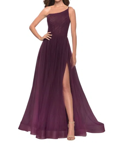 La Femme One Shoulder Tulle Prom Dress In Dark Berry In Burgundy