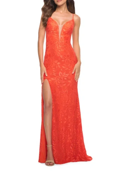La Femme Papaya Stretch Lace Prom Dress With Deep V Neckline