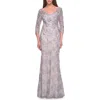 La Femme Pastel Lace Mother Of The Bride Gown With Three Quarter Sleeves